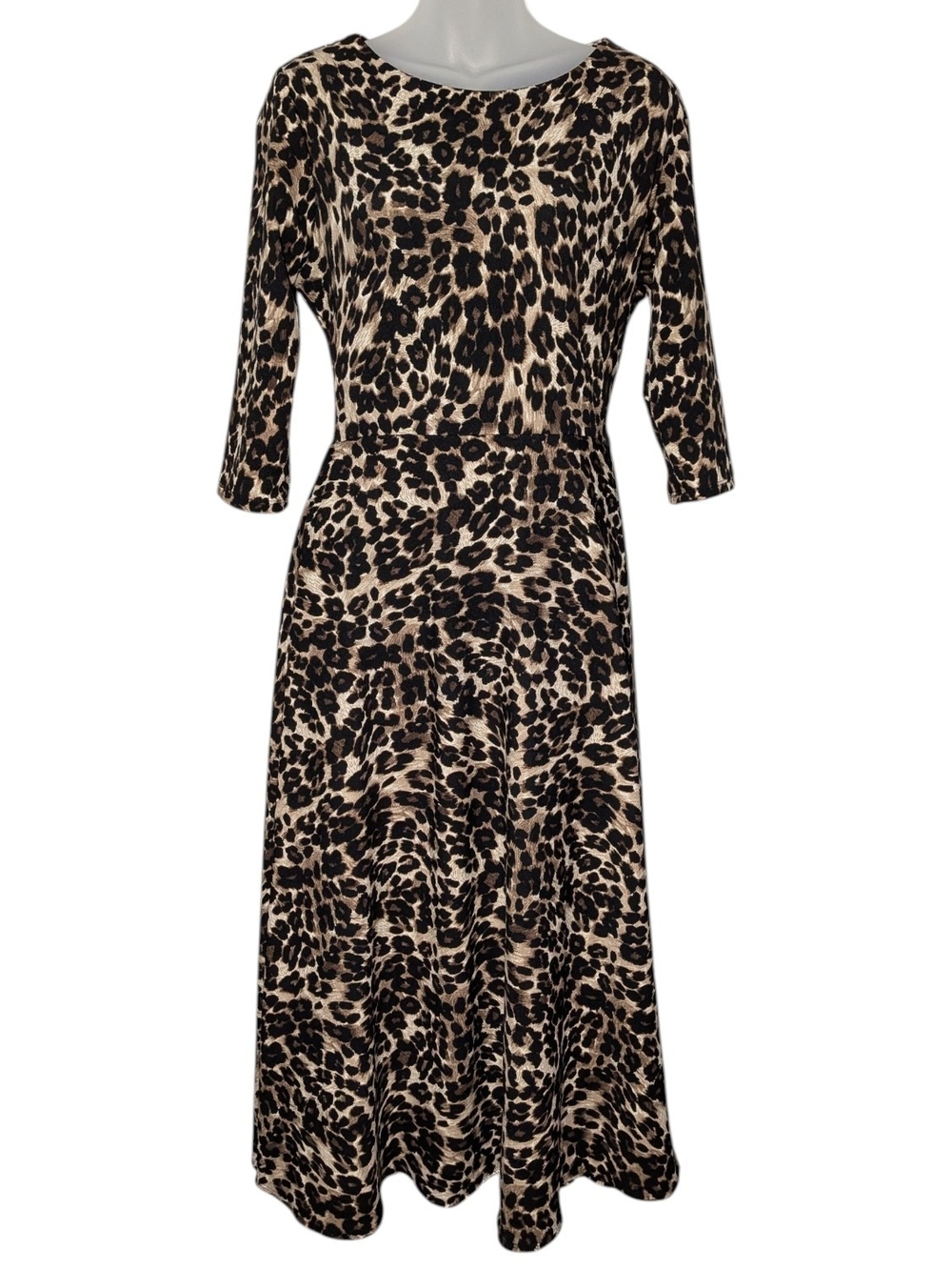 XL Fit Flare Knit Leopard-Print 3/4 Sleeve Pocketed Midi Dress
